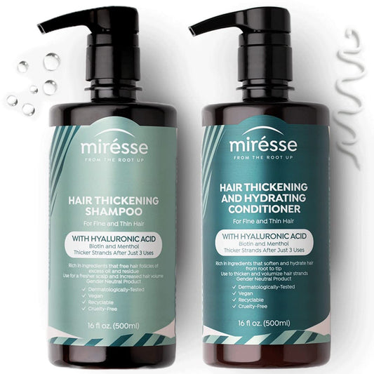 MIRESSE Thickening Shampoo and Hydrating Conditioner Set w/ Hyaluronic Acid, Biotin & Menthol For Men & Women - For Fine Thin Hair. Clinically Proven Thicker Strands on Continuous Use 16.9oz (500ml)x2