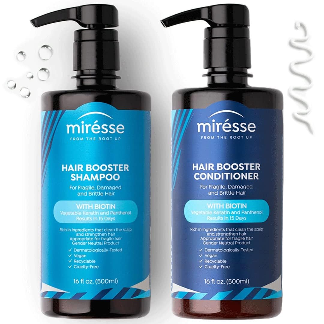MIRESSE Biotin Booster Shampoo and Conditioner Set - Grow Thicker, Stronger and Healthier Hair with Natural Aloe Vera, Keratin and Panthenol - For Men and Women with Fragile or Damaged Hair - 16.9 oz