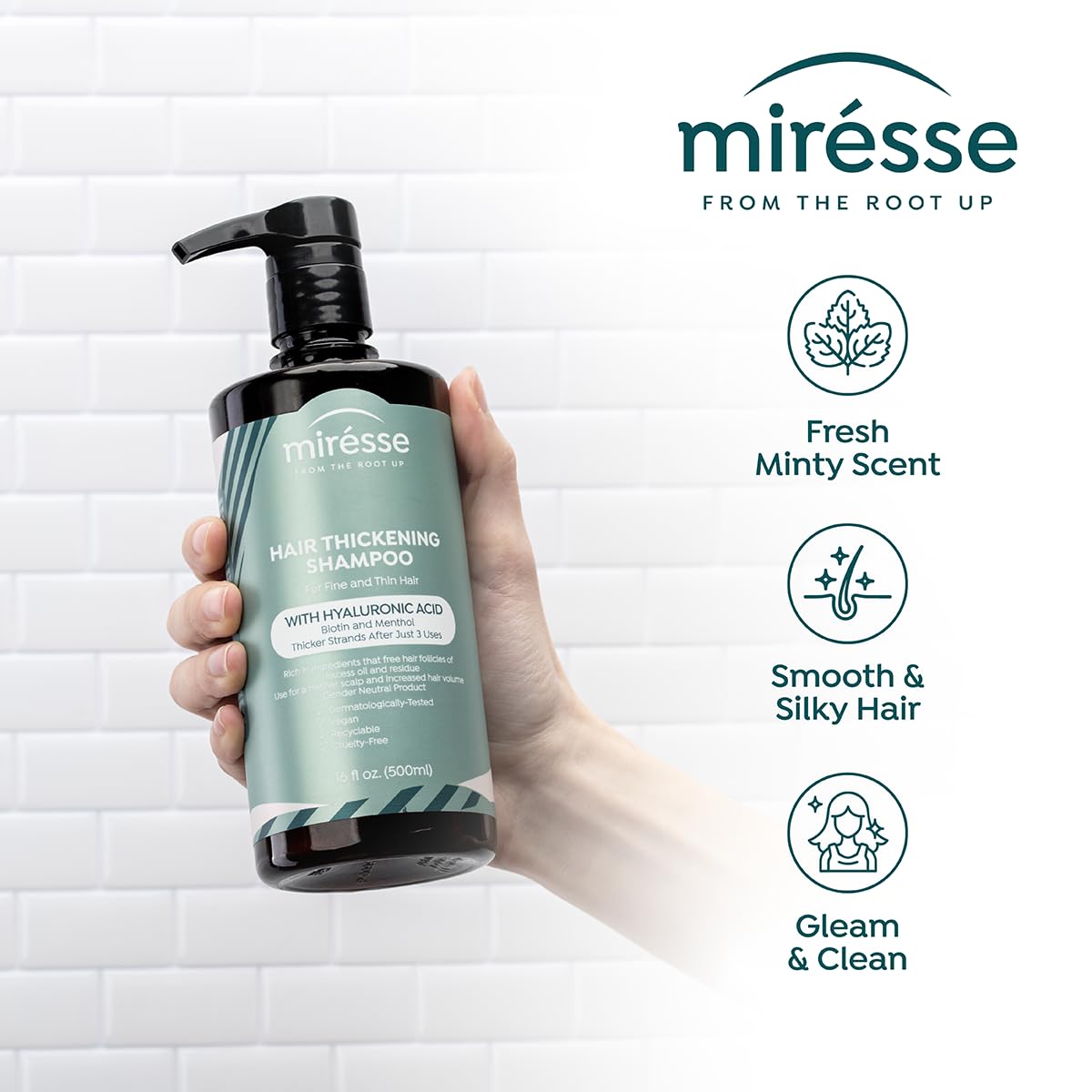 MIRESSE Thickening Shampoo and Hydrating Conditioner Set w/ Hyaluronic Acid, Biotin & Menthol For Men & Women - For Fine Thin Hair. Clinically Proven Thicker Strands on Continuous Use 16.9oz (500ml)x2